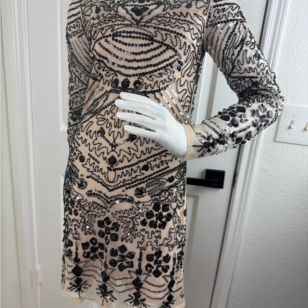 CHANG YUANRUIXIA black sequin mesh long sleeve contrast sexy top dress G1